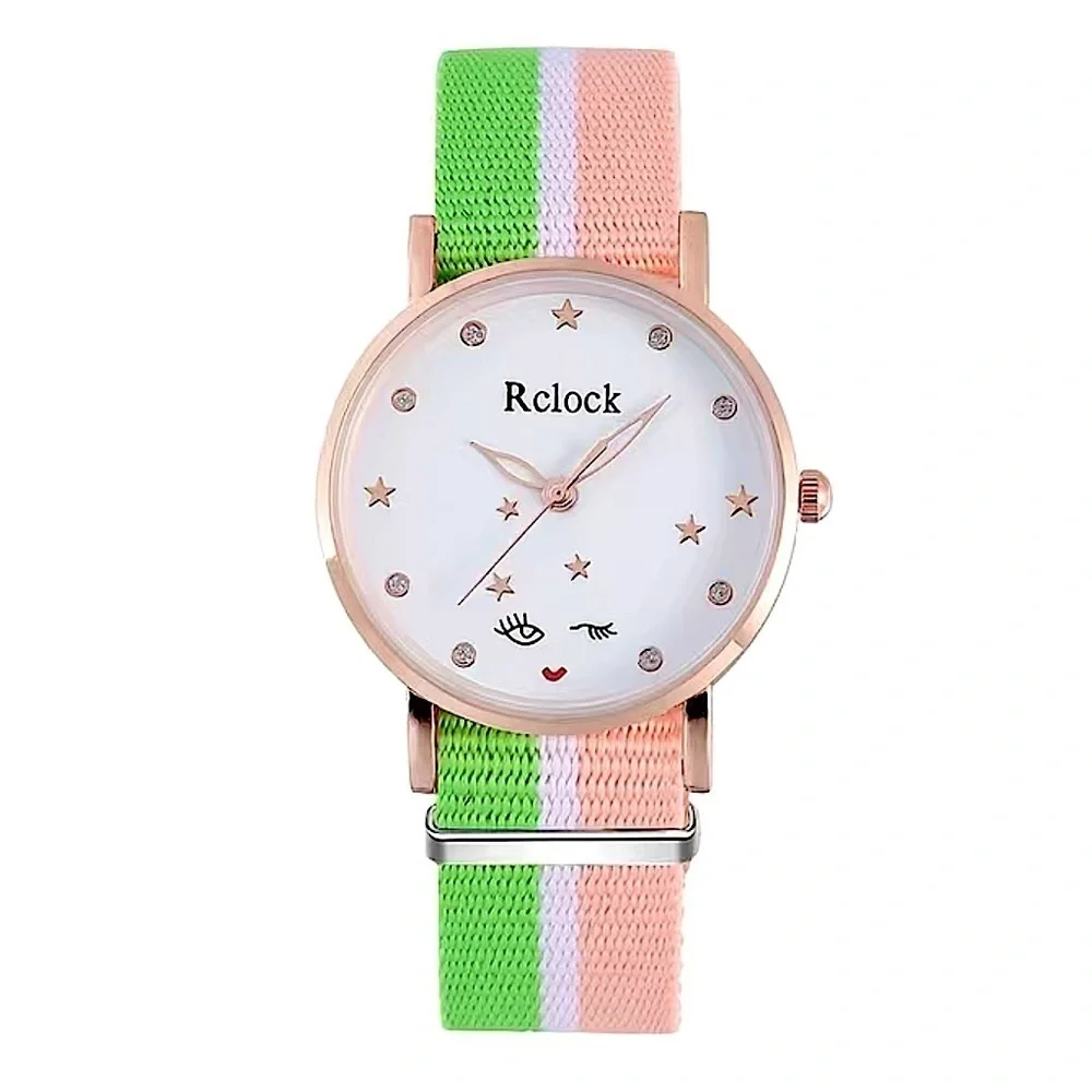 Watch Women’s Analog Round Preppy Stripe Canvas Buckle Band Green Coral